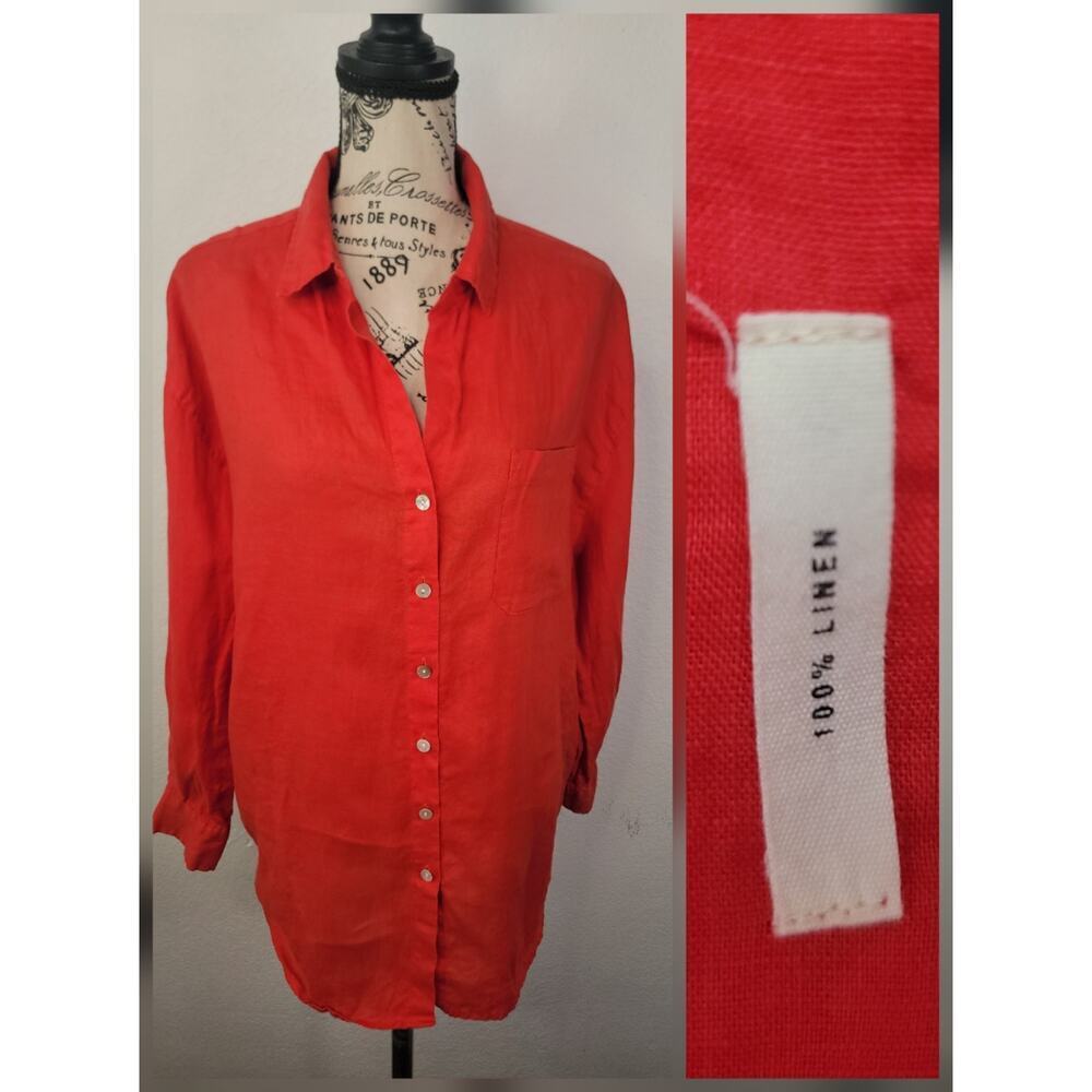 Christian Siriano 100% Linen Button Up Shirt Sz Small Red Pockets Long Sleeves